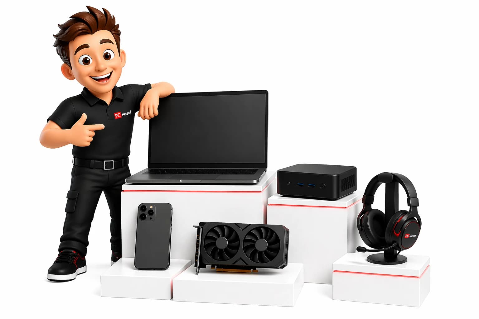 PC Herstel mascotte met laptops, smartphones en componenten